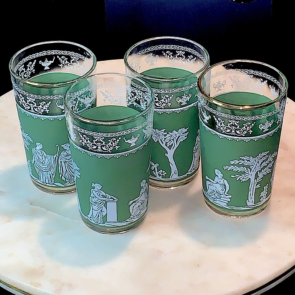 JEANETTE HELLENIC JUICE GREEN GLASSWARE VINTAGE SET OF FOUR 4 INCH